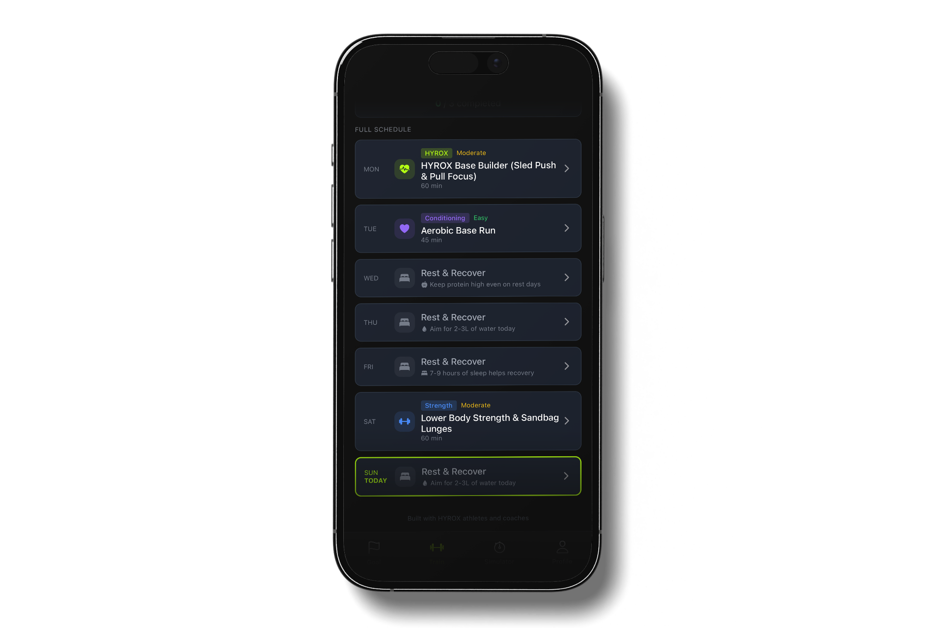 FORMD HYROX personalized training plan showing daily workouts tailored to athlete profile